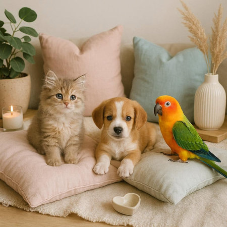 Cute cat, dog and parrot sitting on pillows at home