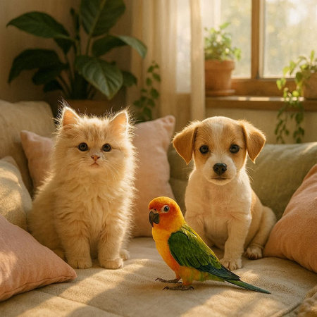 Cute cat and dog with parrot sitting on sofa at home