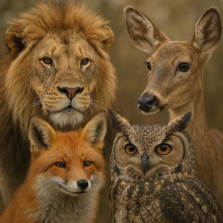 Portrait of a lion, an owl and a deer.