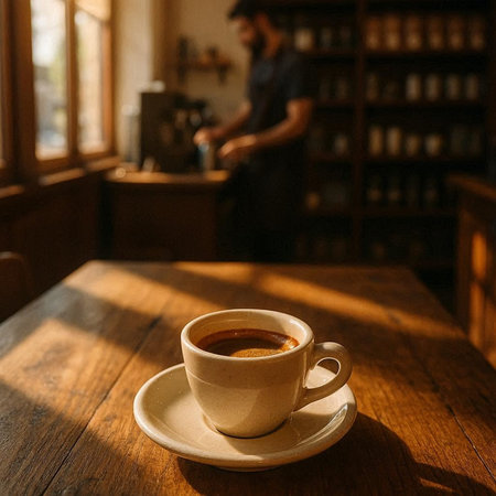 Cup of coffee on a wooden table with a barista in the background