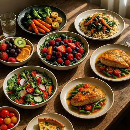Healthy food on a wooden table. Top view. Flat lay.