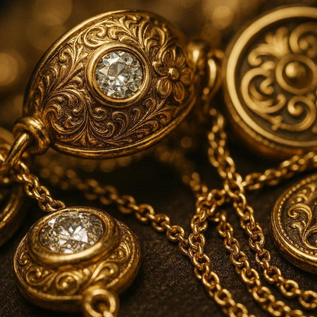 Vintage gold jewelry on a dark background close-up macro photography