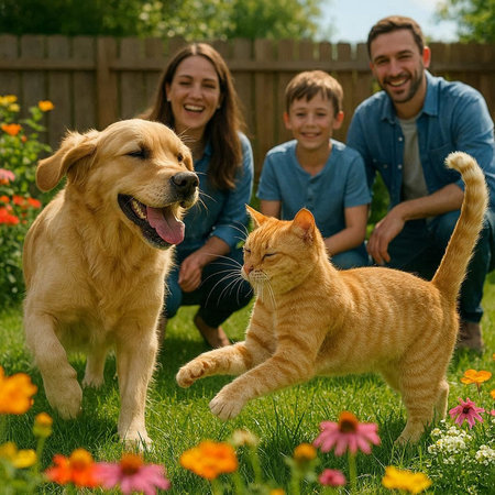 Happy family with dog and cat in the garden. Focus on dog