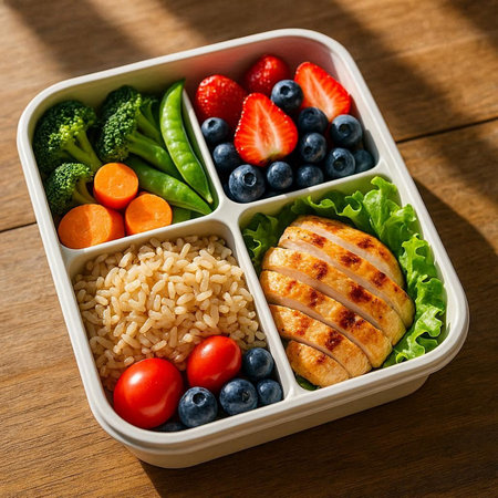 Healthy lunch box with chicken breast, rice, vegetables and fruits