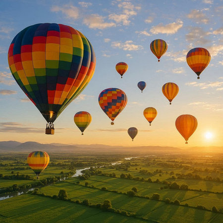 Hot air balloons flying over the fields at sunset. 3d render