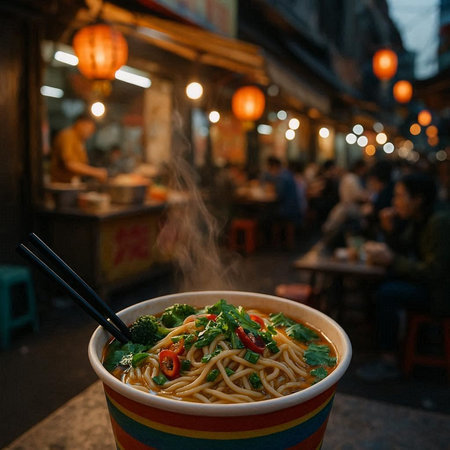 Noodles in a bowl with chopsticks on the street of Bangkok, Thailand