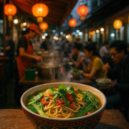 Noodles in a bowl on the street of Bangkok, Thailand