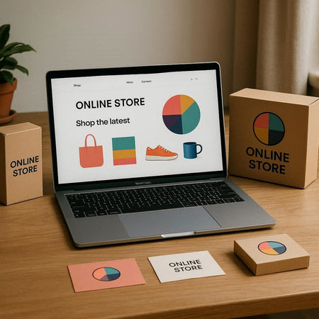 Laptop screen displaying an online store concept on a wooden table.