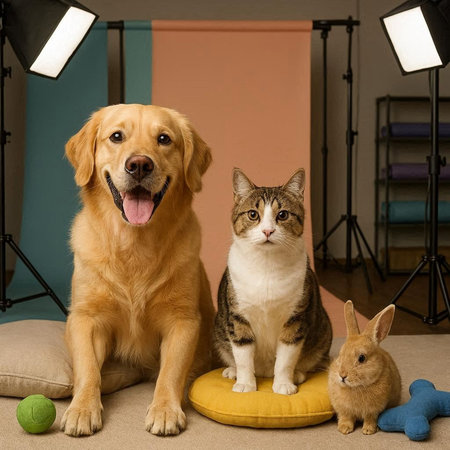 Cat, dog and dog are sitting in front of the camera.