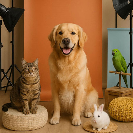 Studio portrait of a Golden Retriever, a cat and a dog