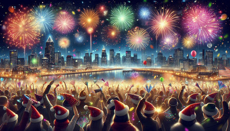 New Year's Eve Celebration Party Xmas Concept - Crowd of people with santa claus hats and fireworks over cityscape