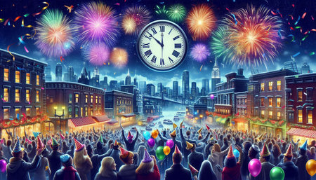 New Year Eve Celebration Cityscape Cityscape Concept with Clock and Fireworks