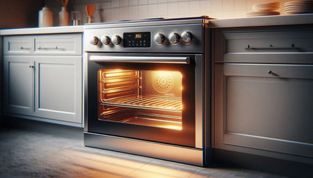 3d illustration of a modern oven in the kitchen at night.
