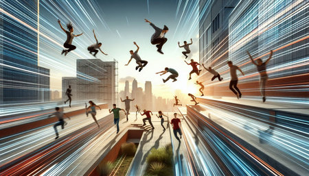 Business people jumping over a gap in the road. 3d rendering