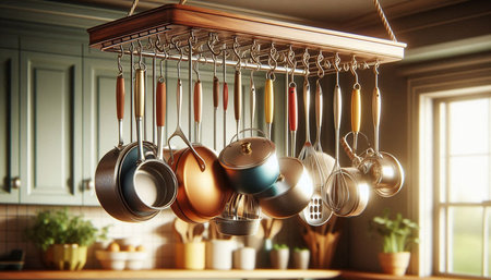 Kitchen utensils hanging on the wall, 3d rendering