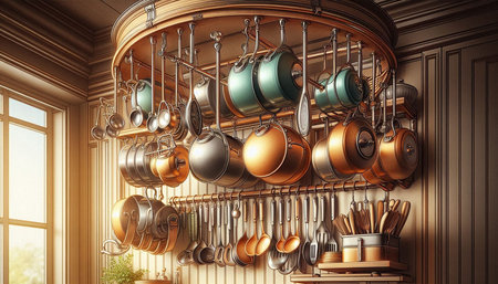 Kitchen utensils hanging on the wall. 3d rendering