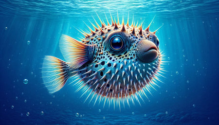 Pufferfish in the deep blue sea. 3d illustration.