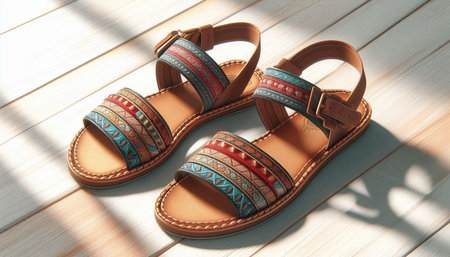 Women's sandals on a wooden background. Selective focus.