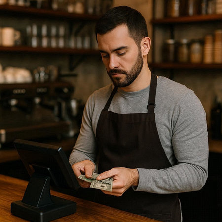 Handsome bearded barista in apron counting dollar bills in cafe