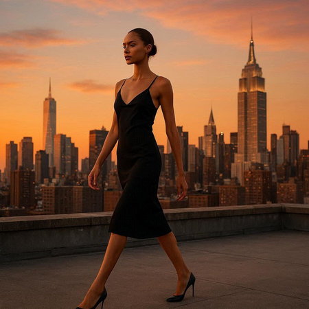 Beautiful woman in black dress walking on rooftop with New York city view at sunset