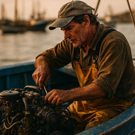 Portrait of an elderly man repairing a motor boat in the harbor