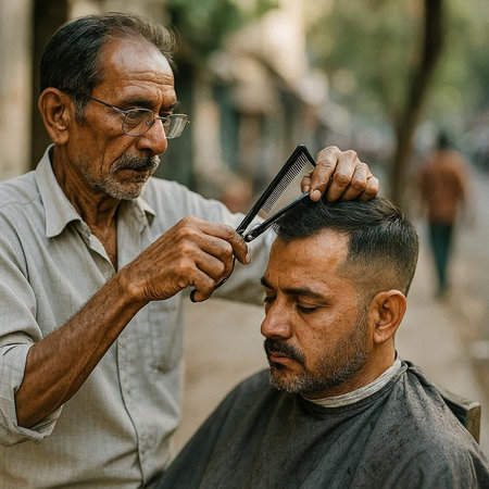 Handsome Indian man cutting his beard in a barber shop.