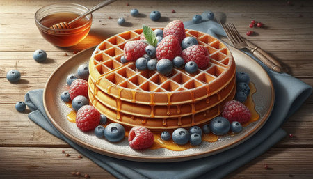 Belgian waffles with raspberries, blueberries and honey