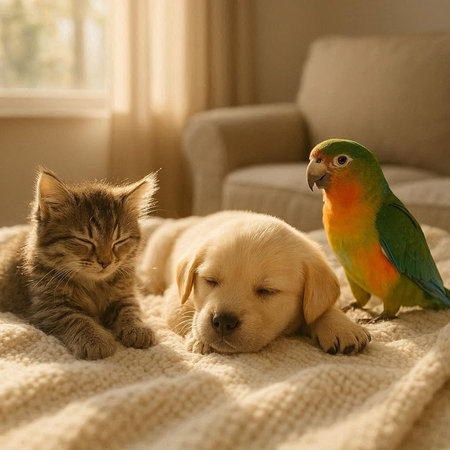 Cat and dog on the sofa with a parrot. Pet care.