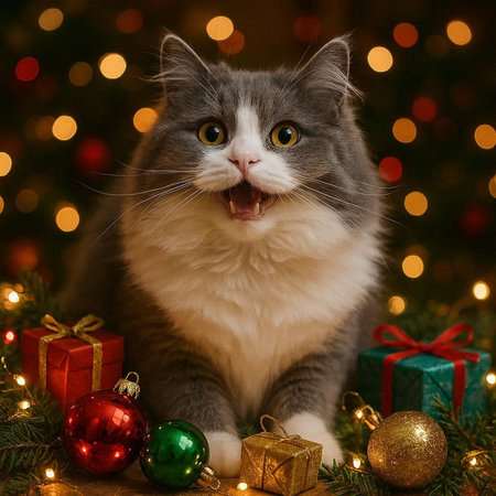 Funny cat with christmas decoration on bokeh background.