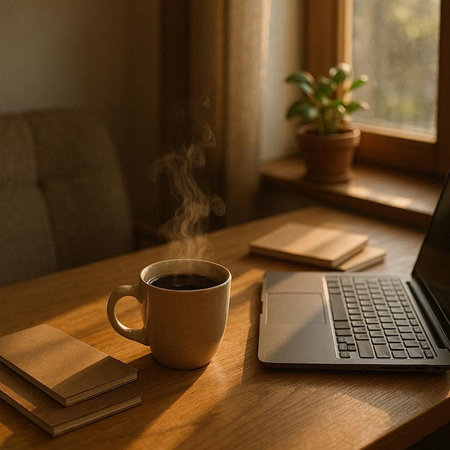 Cup of coffee and laptop on a wooden table in the morning