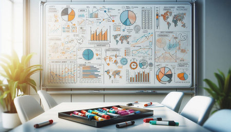 Close up of business presentation board with charts and graphs. 3D Rendering