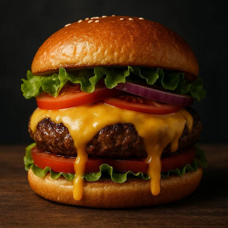 Big tasty hamburger with cheese, tomato and lettuce on dark background