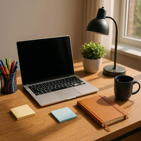 Workplace with laptop, coffee cup and stationery on wooden table