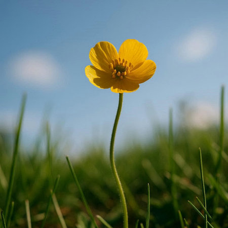 Yellow flower on a background of green grass and blue sky with clouds