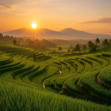 Rice terraces at sunset in Bali, Indonesia. Beautiful rice fields on terraced of Bali.