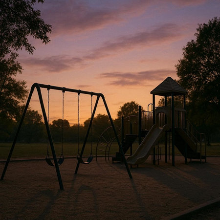 Playground in the park at sunset. Children's playground with swings.