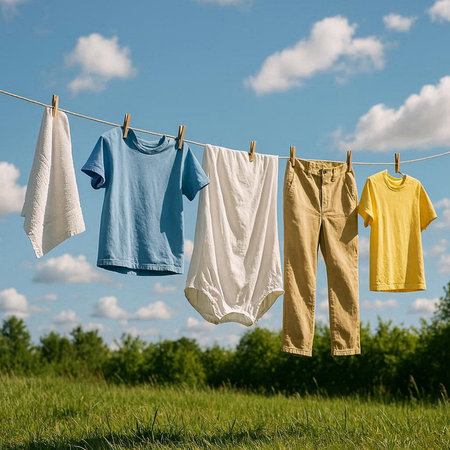 Drying clothes on a clothesline on the background of the blue sky