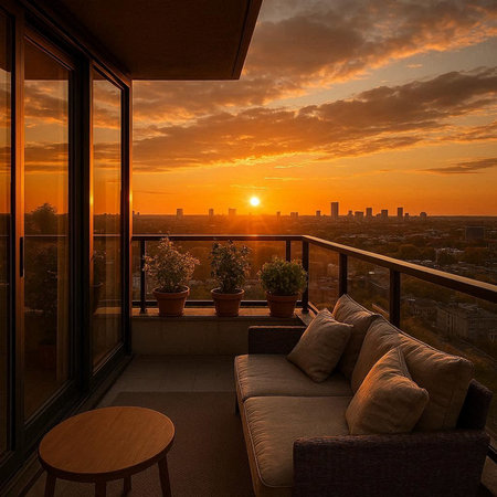 View from the balcony of a modern apartment with a beautiful sunset.