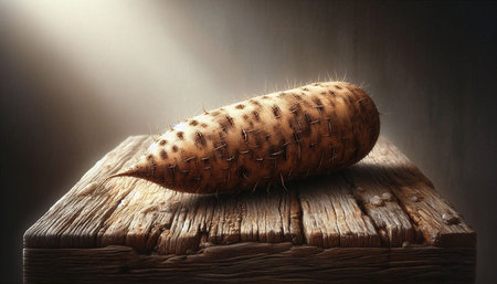 Sweet potato on a wooden table, illuminated by a beam of light