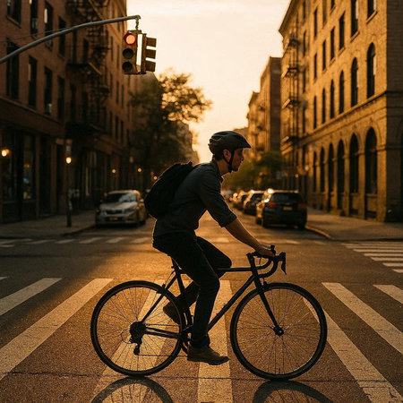 Young man riding a bicycle in a city street at sunset. Rear view.