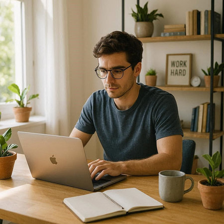 Serious young man working on laptop while sitting at table at home