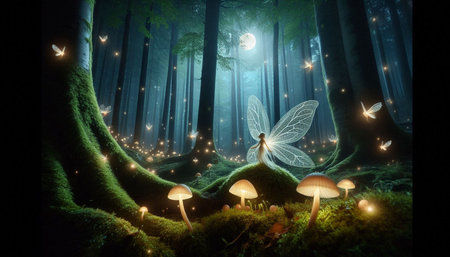 Fantasy landscape with magic forest and mushrooms. 3D Rendering