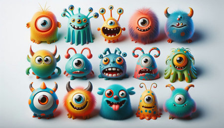 Funny monsters on a white background. Halloween concept. Top view.