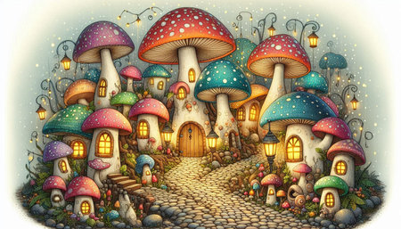Fantasy fantasy landscape with magic mushroom house - illustration for the children