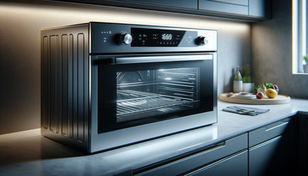Close up of a modern oven in the kitchen. 3d rendering