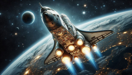 Space shuttle in outer space. 3D rendering. Elements of this image furnished by NASA
