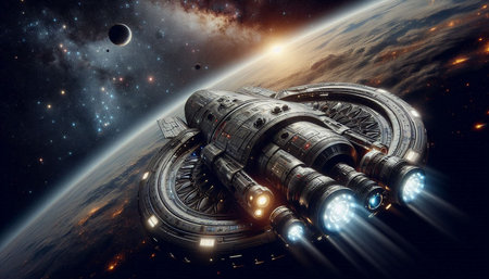 Spaceship in space. Science fiction. Elements of this image furnished by NASA