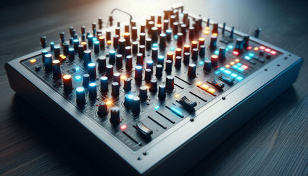 Dj console with led lights on the table. 3d rendering