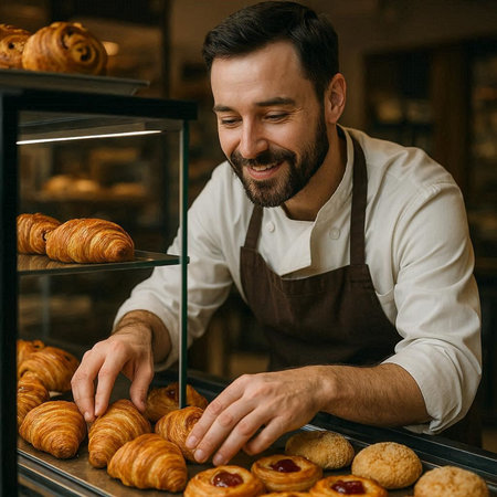smiling man in apron taking fresh croissants from shelf in bakery