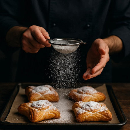 croissants sprinkled with powdered sugar on a baking sheet in the hands of a pastry chef